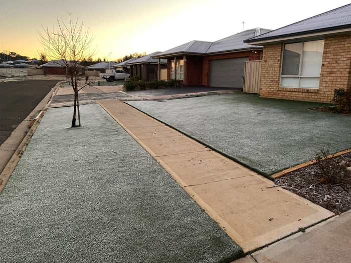 A quiet suburban street at sunrise with frosted lawns on either side of a footpath, a leafless tree in the verge, and brick houses with metal roofs lining the street.