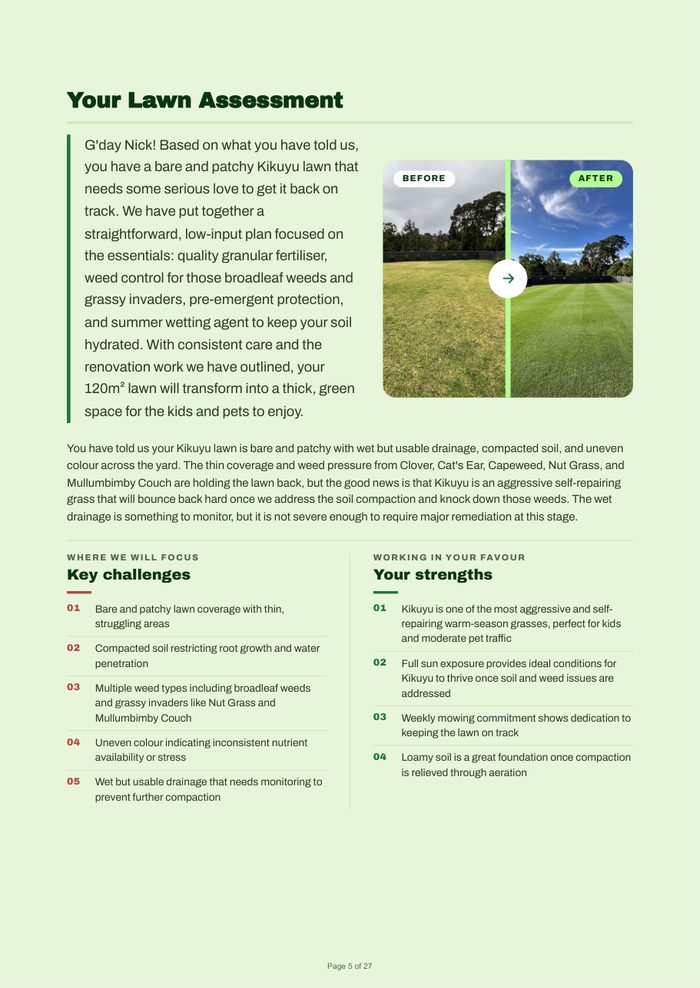 Lawn assessment page from a Luro plan