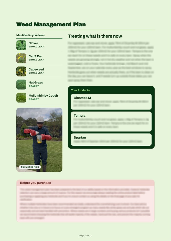 Weed management page from a Luro plan